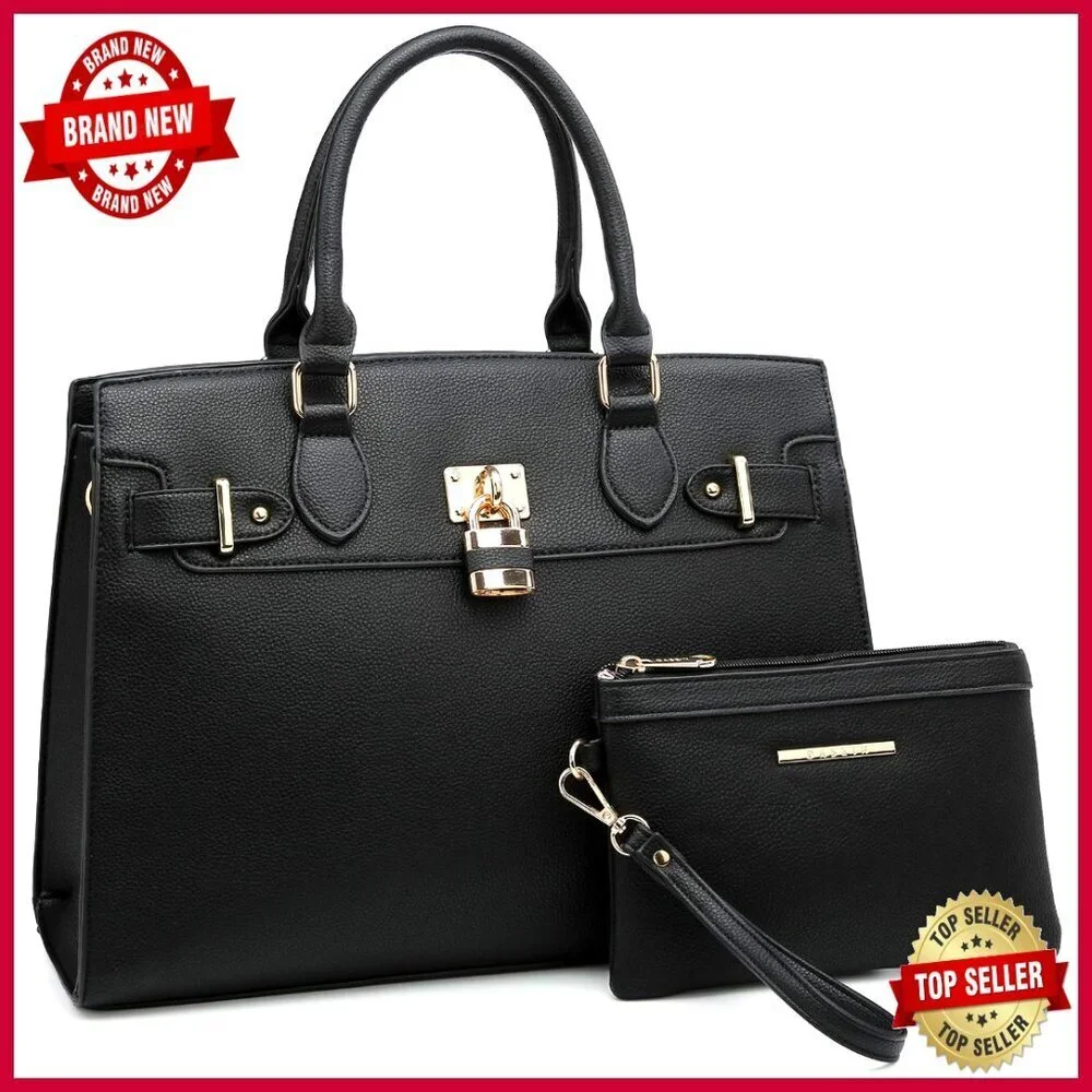 Large Vegan Leather Tote with Clutch, Adjustable Strap, Multiple Pockets